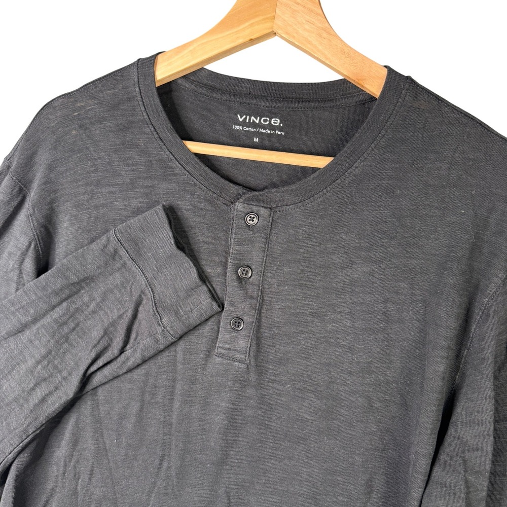 Vince Mens Black Slub Cotton Long Sleeve Henley Shirt MS1309385 Size M